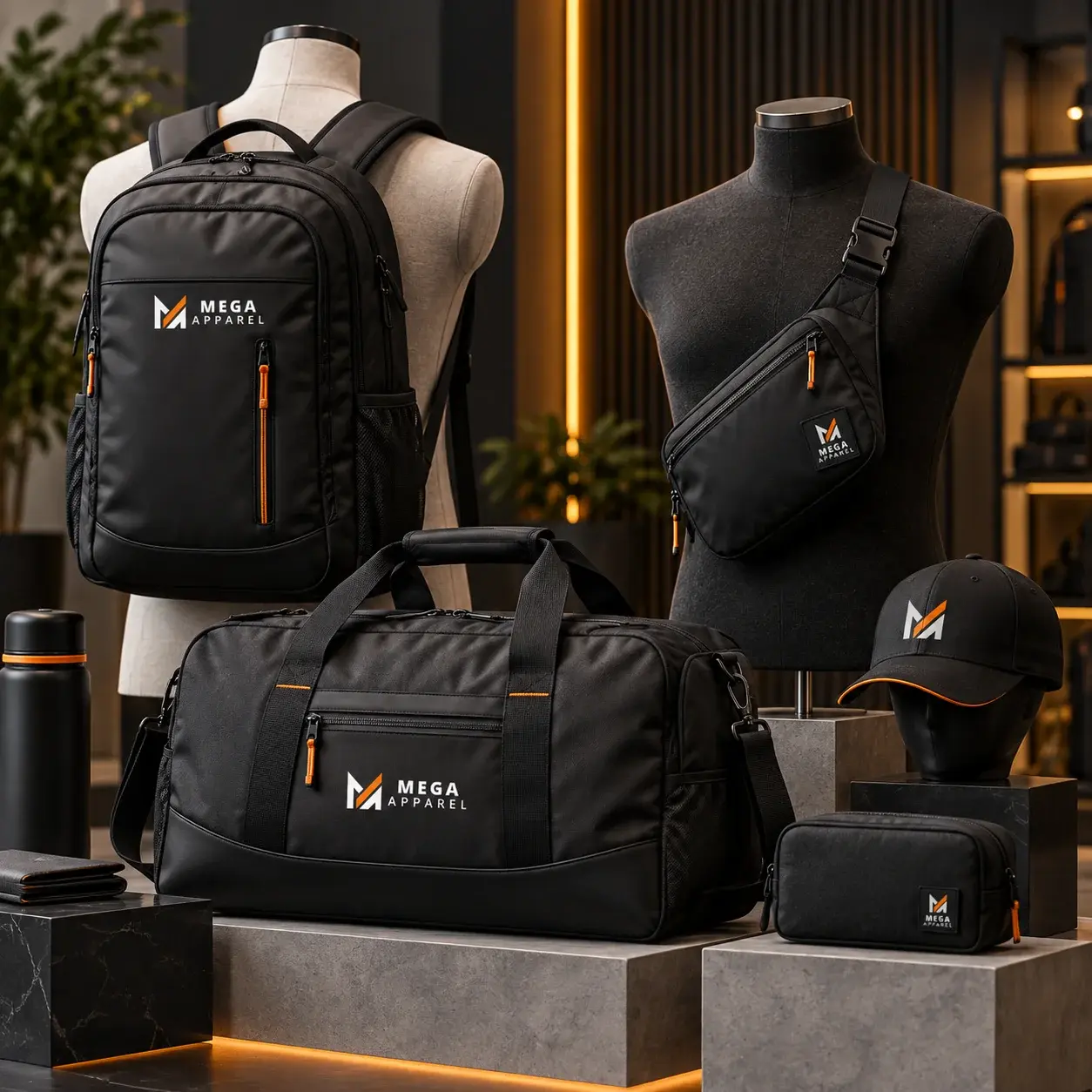 Black custom backpack, duffel bag, crossbody bag, cap, and accessory pouch displayed on mannequins and showroom platforms, featuring Mega Apparel branding in a modern retail setting.